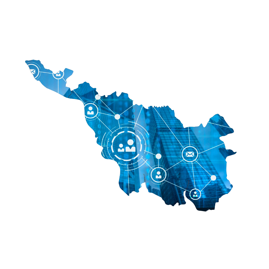 Umriss von Bremen. In dem Kartenausschnitt sind Icons und Linien angedeutet, die ein Kommunikationsnetz andeuten sollen.