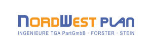 Logo NordWest Plan. Blau-oranger Schriftzug.